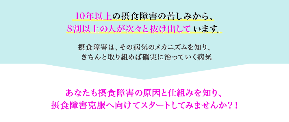 10年以上の摂食障害の苦しみから、8割以上の人が次々と抜け出しています。　摂食障害は、その病気のメカニズムを知り、きちんと取り組めば確実に治っていく病気　あなたも摂食障害の原因と仕組みを知り、摂食障害克服へ向けてスタートしてみませんか？！