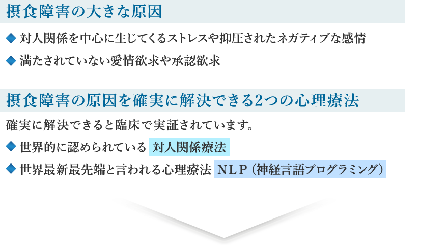 摂食障害の大きな原因　◆対人関係を中心に生じてくるストレスや抑圧されたネガティブな感情　◆満たされていない愛情欲求や承認欲求　摂食障害の原因を確実に解決できる2つの心理療法　確実に解決できると臨床で実証されています。　◆世界的に認められている 対人関係療法　◆世界最新最先端と言われる心理療法 ＮＬＰ（神経言語プログラミング）