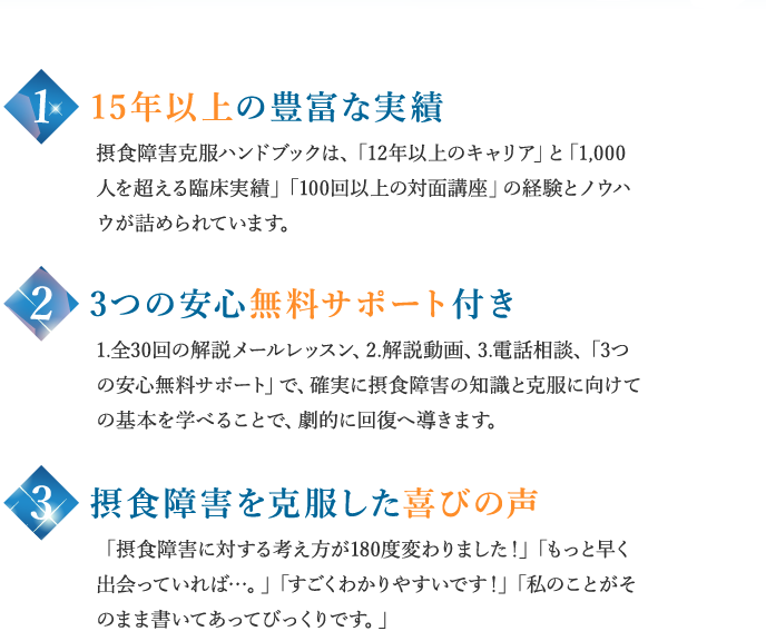 1 15年以上の豊富な実績　2 3つの安心無料サポート付き　3 摂食障害を克服した喜びの声