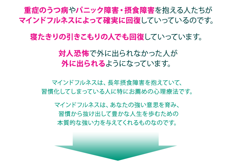 マインドフルネスは、長年摂食障害を抱えていて、習慣化しまっている人に特にお薦めの心理療法です。