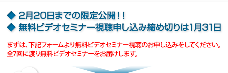 まずは、下記フォームより無料ビデオセミナー視聴のお申し込みをしてください。全7回に渡り無料ビデオセミナーをお届けします